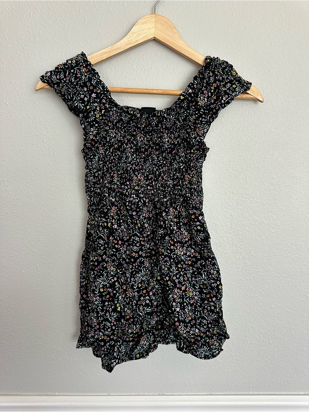 Girl’s art class Black Floral Smocked Top with Pastel Blossoms